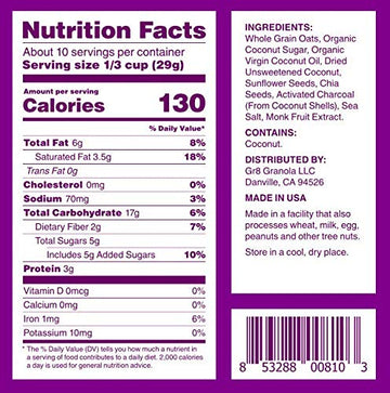 Gr8Nola Black Coco (Charcoal) Chia - Healthy, Low Sugar, Vegan Granola Cereal - Made With Superfoods Chia Seeds And Activated Ch
