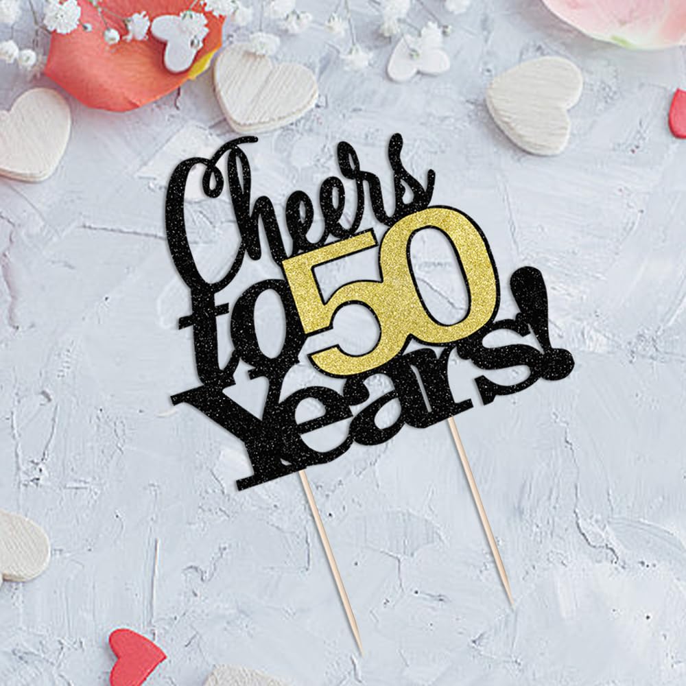 LVEUD Cake Topper - Cheers to 50 Years, 7x8 inches, Black Font with Golden Numbers, Model LX322-334