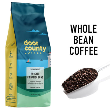 Door County Coffee - Frosted Cinnamon Buns, Sweet Cinnamon Flavored Whole Bean Coffee - Medium Roast, 10 Oz Bag