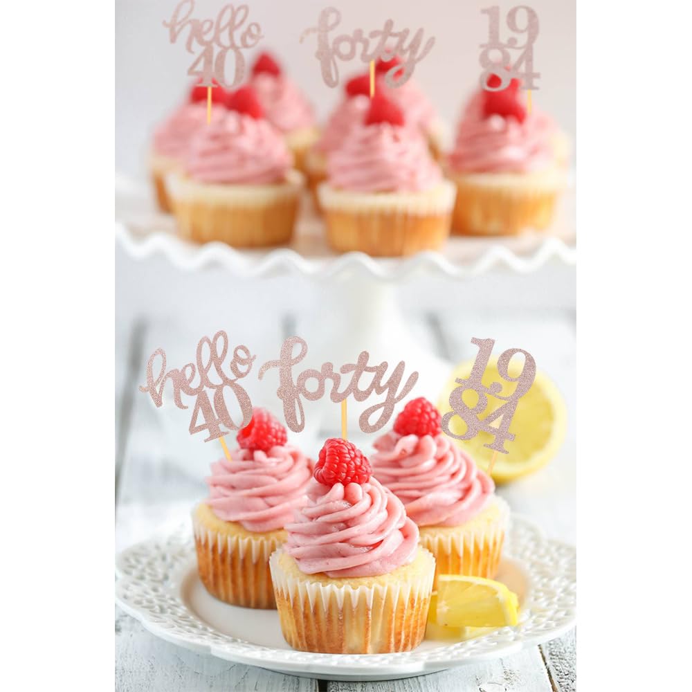 Rose Gold Glitter 40Th Birthday Cupcake Toppers 40Th Birthday Celebrating Party Decorations - Set Of 24
