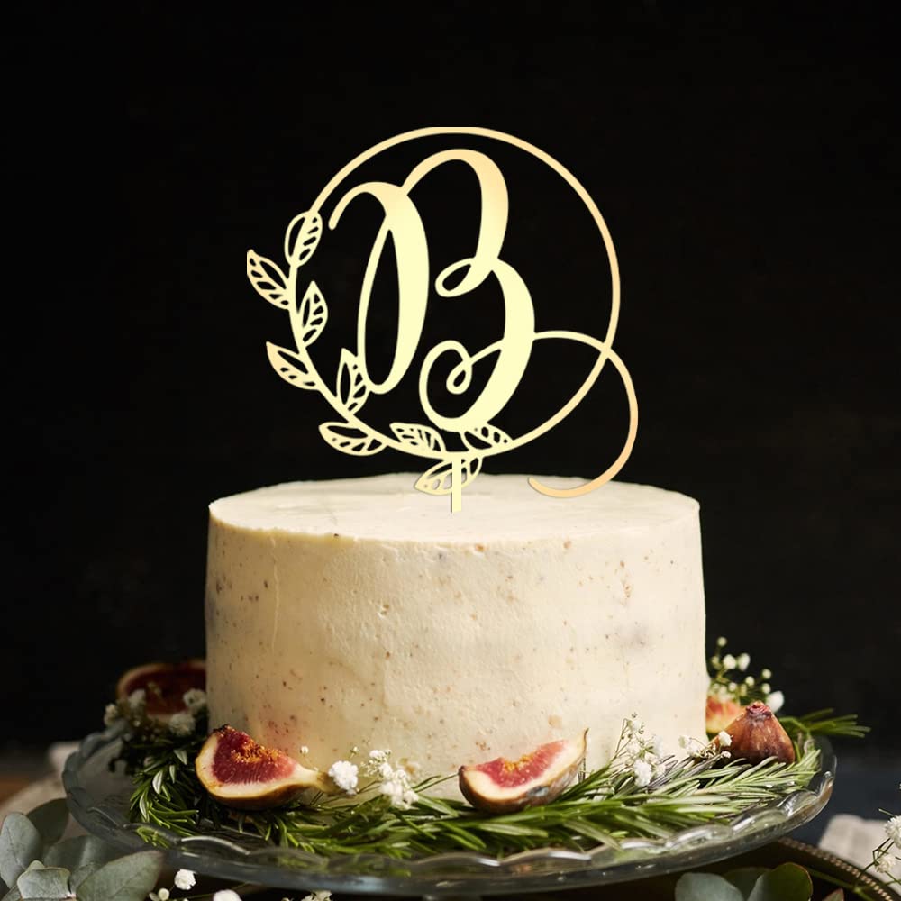 Kiskistonite Initials B Cake Topper, Monogram Cake Topper B, Rustic Wedding Cake Topper, Wreath Letter B Cake Topper, Mirror Gol