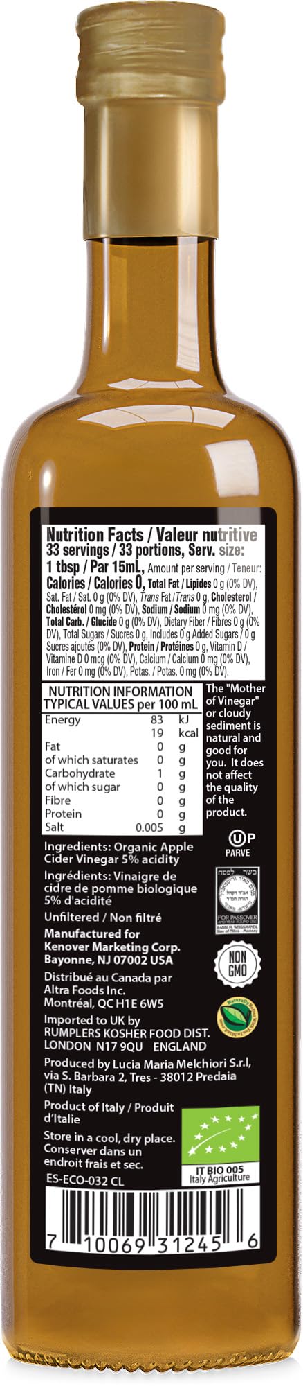 Tuscanini Organic Unfiltered Apple Cider Vinegar, 16.9 Fl Oz, Certified Kosher