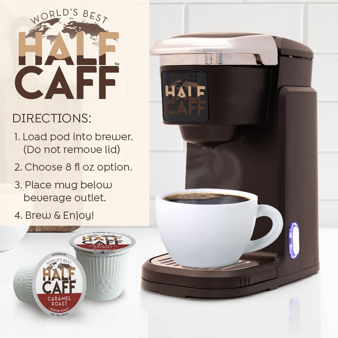 Worlds Best Half Caff Caramel Coffee Pods 18 ct Medium Roast Flavored Coffee in Recyclable Single Serve Pods - 100% Arabica Beans Compatible with Keurig K Cups Maker
