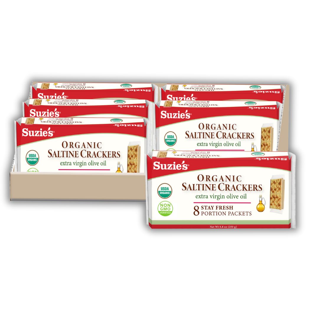 Suzies Organic Saltines ers|Salted w/Extra Virgin Olive Oil|Low Saturated Fat|Healthy Gourmet Baked Vegan Snack for mature-themeds & Children| 6 Packs (48 individual Stay Fresh Packs) - 8.8oz Each