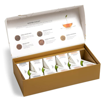 Tea Forte Petite Presentation Box Winter Chalet Tea Sampler Gift Set, 10 Assorted Variety Handcrafted Pyramid Tea Infuser Bags With Winter Spiced Teas