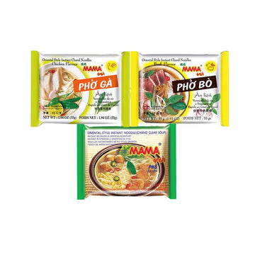 Mama Oriental Style Instant Noodles Mix Flavor Bundle Package Total 30 Packs (3 Flavor Pho Noodle Mix Pho Ga Chicken Flavor, Pho