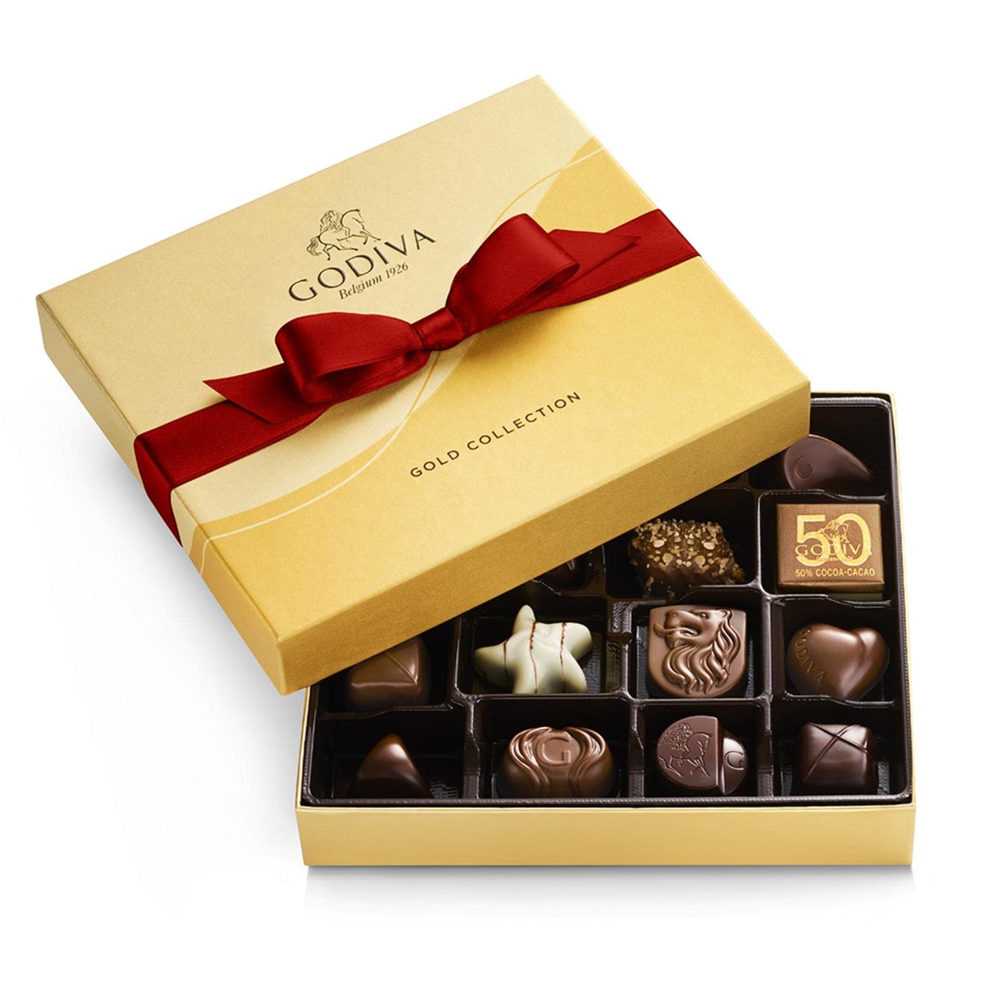 Godiva Chocolatier Holiday Gift Box With Red Ribbon - 19 Piece Assorted Milk White And Dark Chocolate With Gourmet Fillings - Special Gold Ballotin Gift For Chocolate Lovers