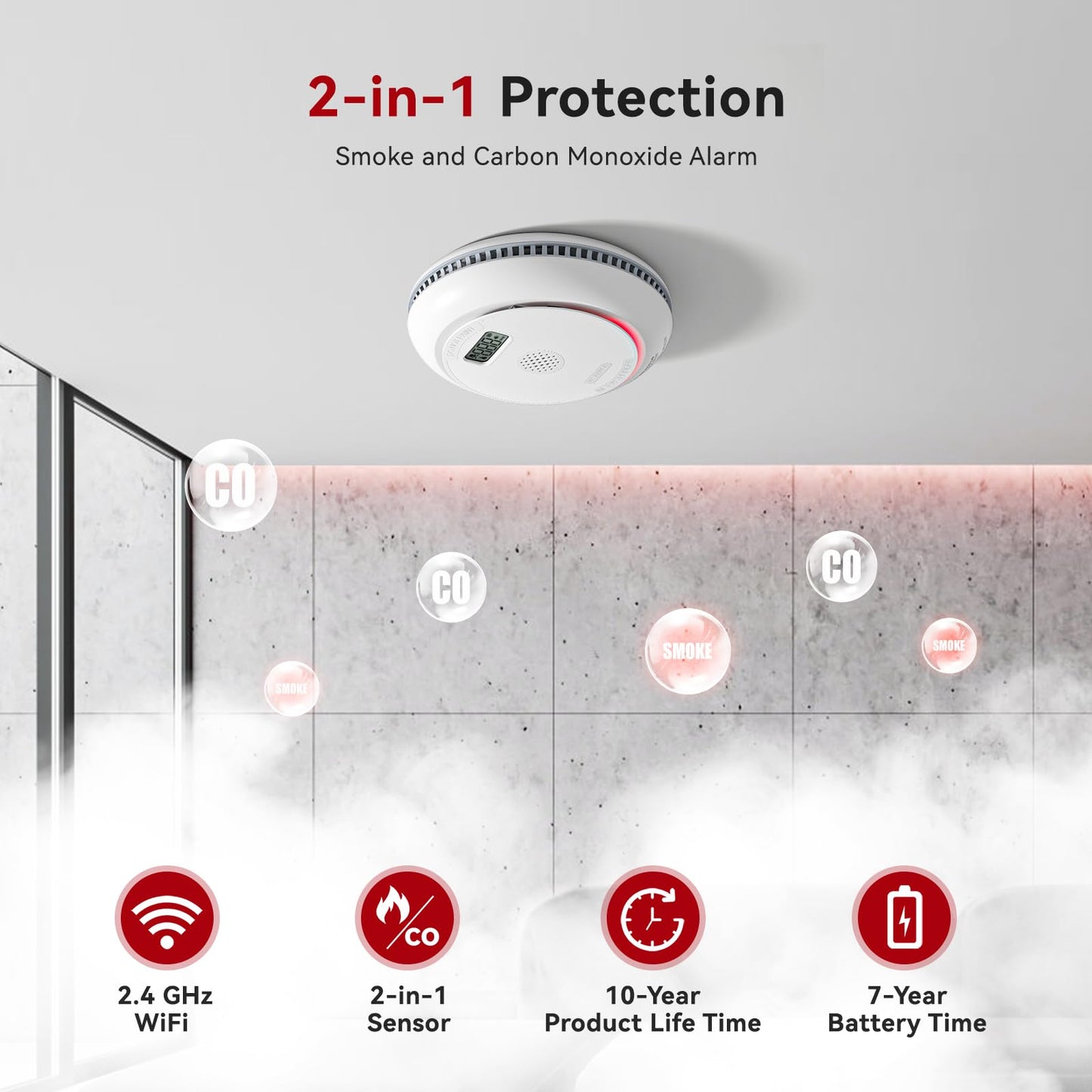 Siterlink Smart Smoke And Carbon Monoxide Detector Combo With Digital Display, 2 In 1 Wifi Fire And Co Alarm Detector, Replaceab