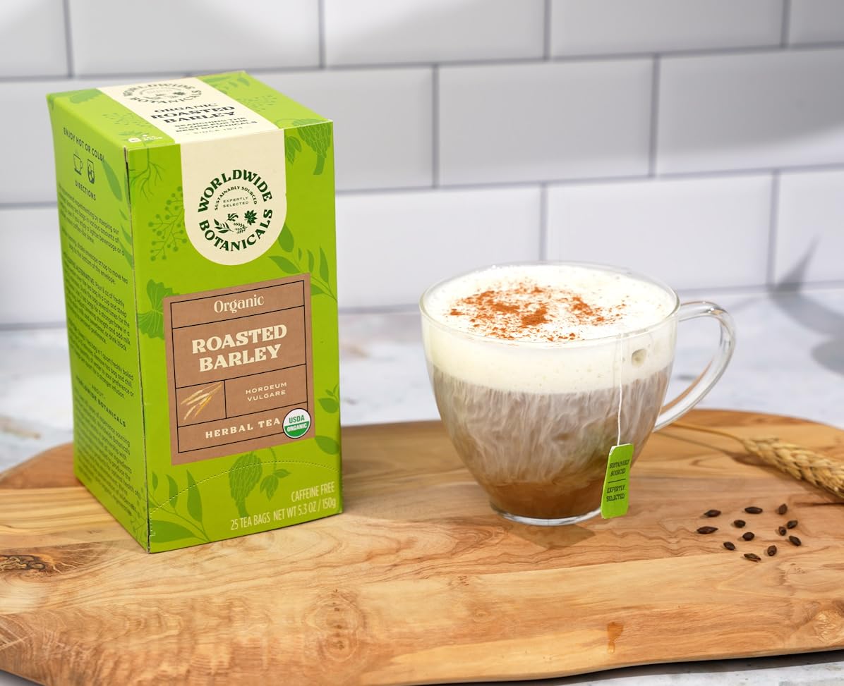 Worldwide Botanicals Organic Roasted Barley Tea, Caffeine-Free, 25 Tea Bags, 6g per Teabag, Kosher, AKA Mugicha, Boricha, Orzo