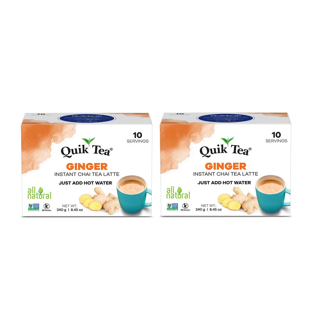 QuikTea Ginger Chai Tea Latte - 20 Count (2 Boxes of 10 Each) - Packaging May Vary - All Natural Preservative Free Authentic Cha