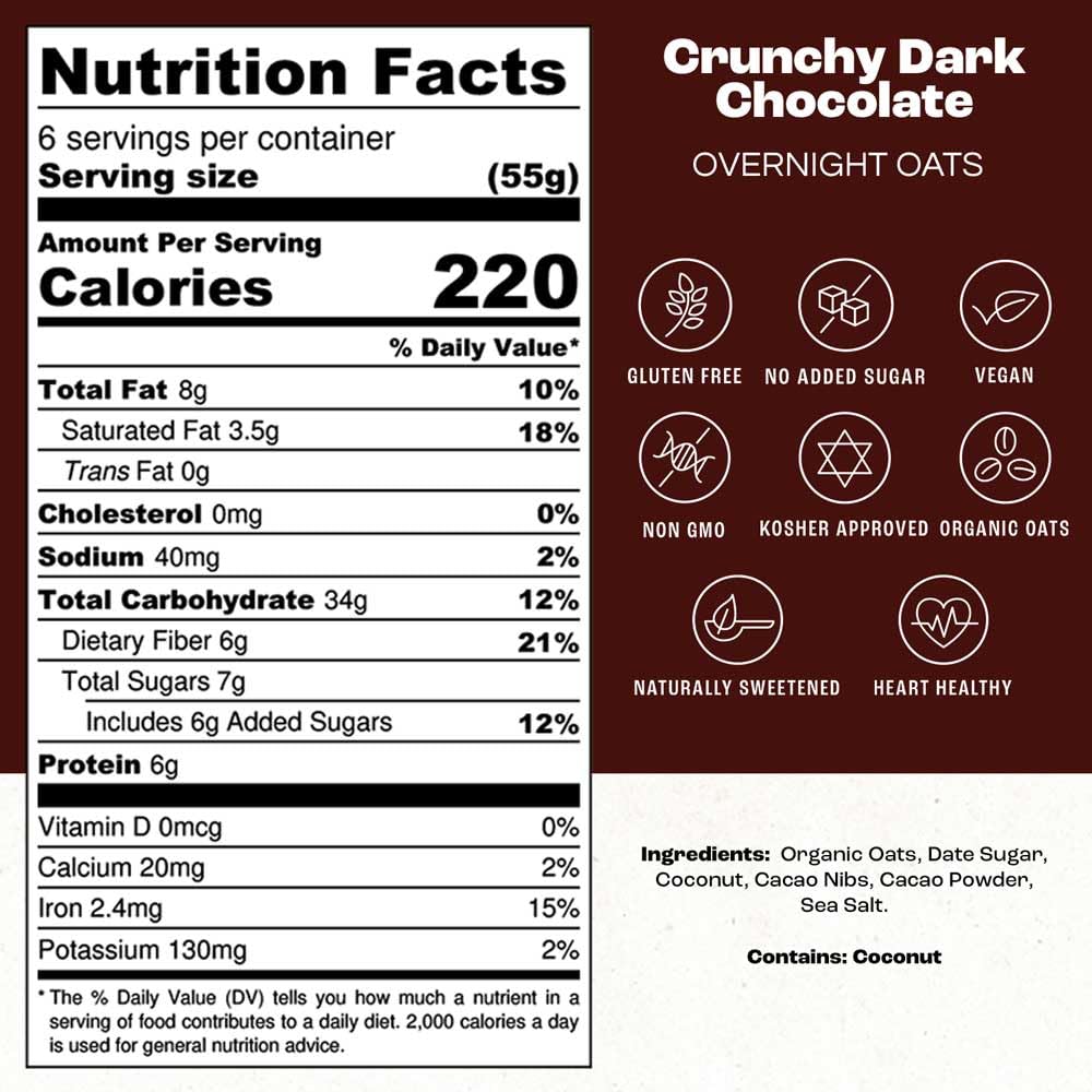 Oath Oats Crunchy Dark Chocolate - Overnight Oats - Vegan, Gluten Free, Plant-Based, High Protein, Clean Ingredients, 11.6 OZ (P
