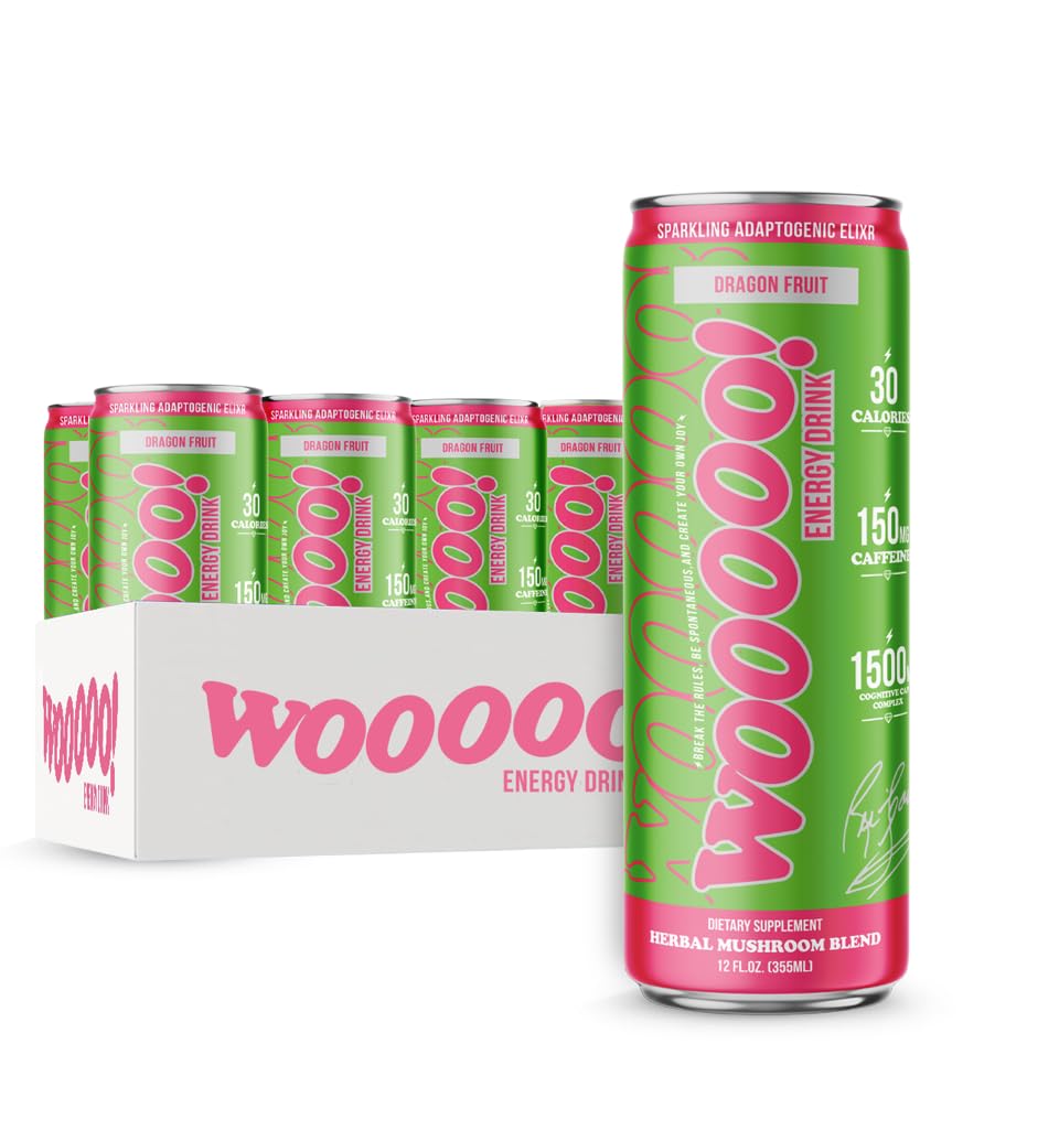 Wooooo! Energy Ric Flair Sparkling Adaptogenic Mushroom Energy Drink | Natural Antioxidants & Nootropics | Lions Mane & Cordyceps | 150Mg Energy Blend | 12 Pack (Dragon Fruit)