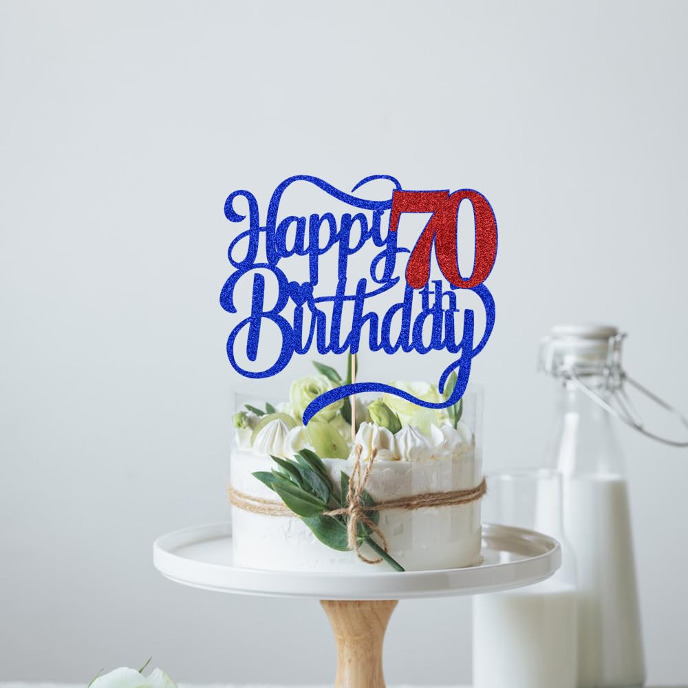 Qertesl Glitter Happy 70th Birthday Cake Topper, Gold Cardboard Decor for Men/Women, 70th Anniversary Celebration
