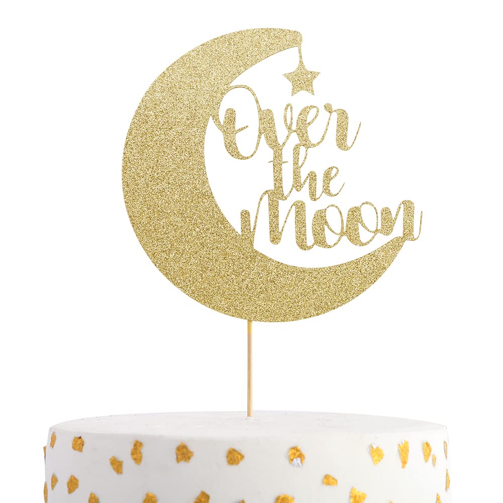 Over The Moon Cake Topper - Baby Shower Gender Reveals Cake Top Hat Birthday Party Decorations Glitter Cardboard Studio Photo Props.