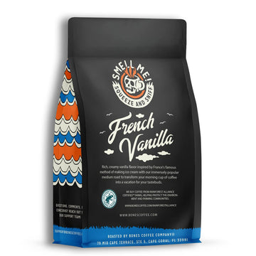 Bones Coffee Company French Vanilla Coffee Ground Coffee Beans, Low Acid Flavored Coffee, Made With Arabica Coffee Beans, Medium