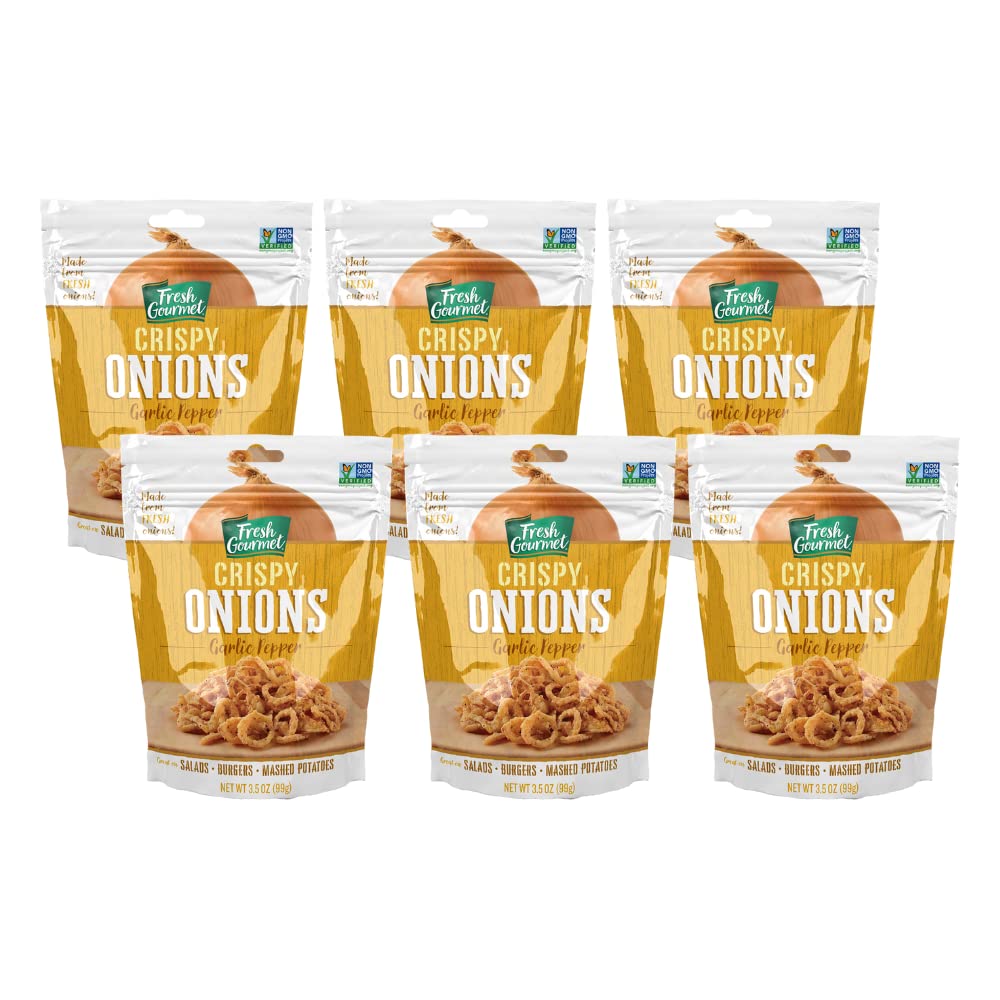 Fresh Gourmet Garlic Pepper Crispy Onions | Low Carb | Crunchy Snack And Salad Topper | 3.5 Ounce (Pack Of 6)