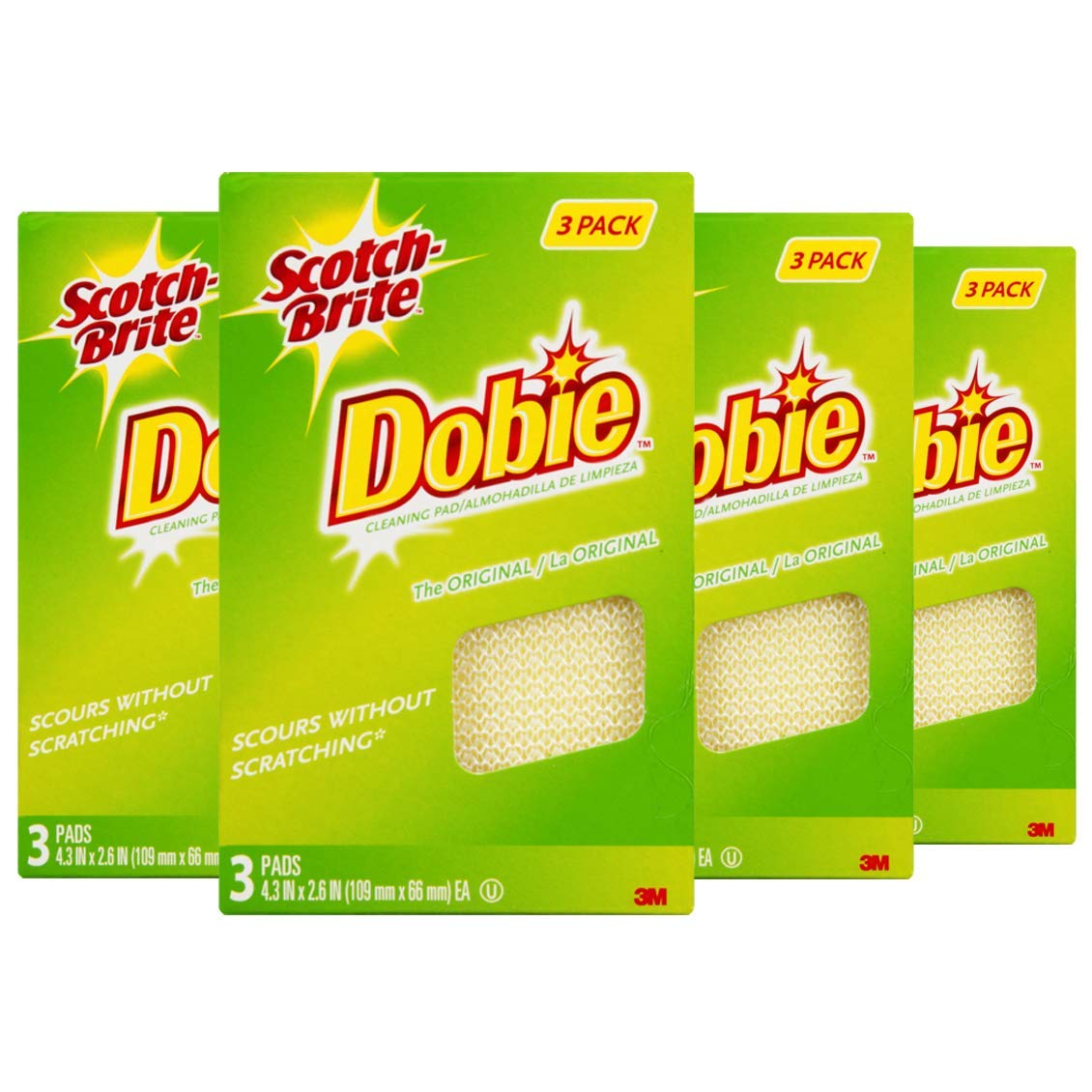 3M Scotch-Brite Dobie All Purpose Pads, 3Count (Pack Of 4) Total 12 Pads