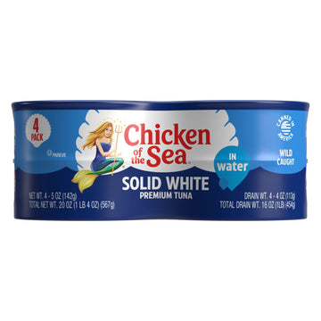 Chicken of the Sea Solid White Premium Albacore Tuna in Water, Wild Caught Tuna, 5 oz. Can (Pack of 4)