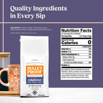 Bulletproof The Enlightener Ground Coffee, 10 Ounces, Medium-Dark Roast Enhanced Coffee With L-Theanine, Panax Ginseng And Gingk