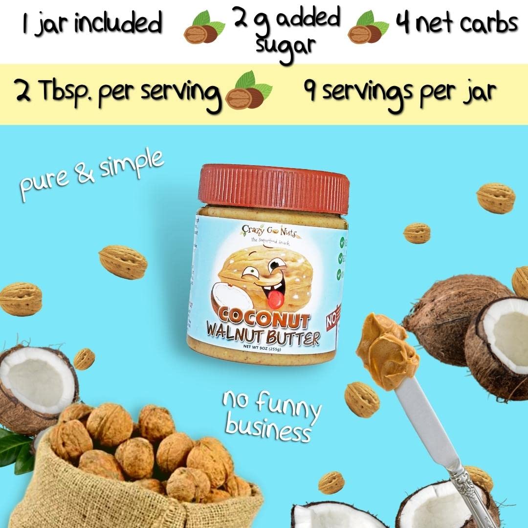 Crazy Go Nuts Walnut Butter - Coconut, 9 Oz (1-Pack) - Healthy Snacks, Keto, Vegan, Low Carb, Gluten Free, Superfood - Natural,