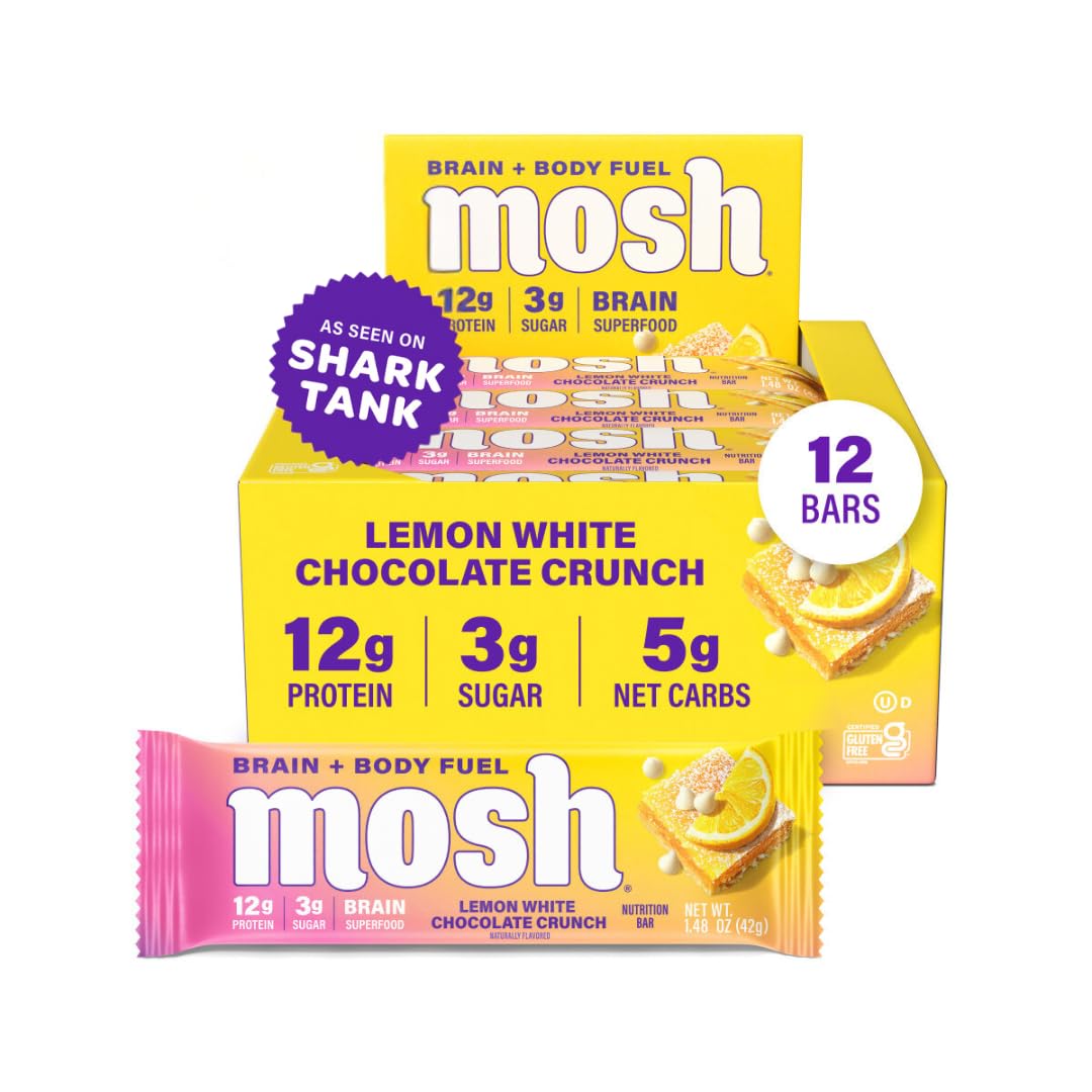 Mosh Lemon White Chocolate Keto Protein Bars, High Fiber, Low Carb, Gluten Free, High Protein, Brain Healthy Snack, 12 Count