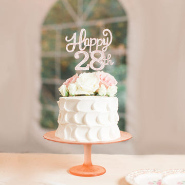 Happy 28Th Birthday Rose Gold Rhinestone Cake Topper - 28Th Birthdayanniversary,Cheers To 28 Years Old Bday Party Metal Sparkly