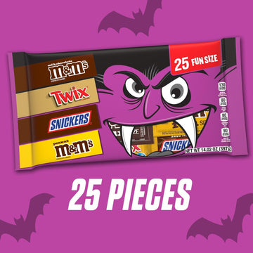 M&MS Fun Size Milk Chocolate M&MS Fun Size Peanut SNICKERS Fun Size & TWIX Fun Size Caramel Cookie Milk Chocolate Individually Wrapped Trick or Treat Halloween Candy 25 Ct 14.02 Oz Bulk Bag
