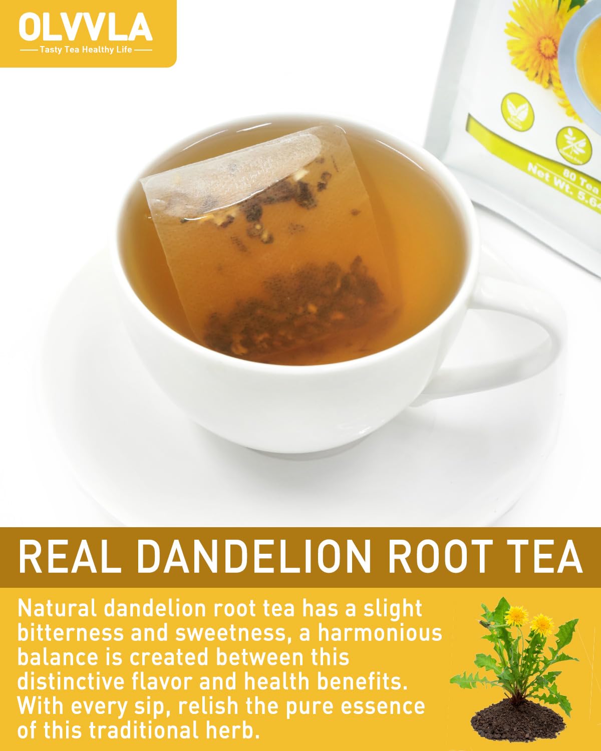 Olvvla Dandelion Root Tea Bags - Caffeine-Free, Non-GMO - 80 Count Pack
