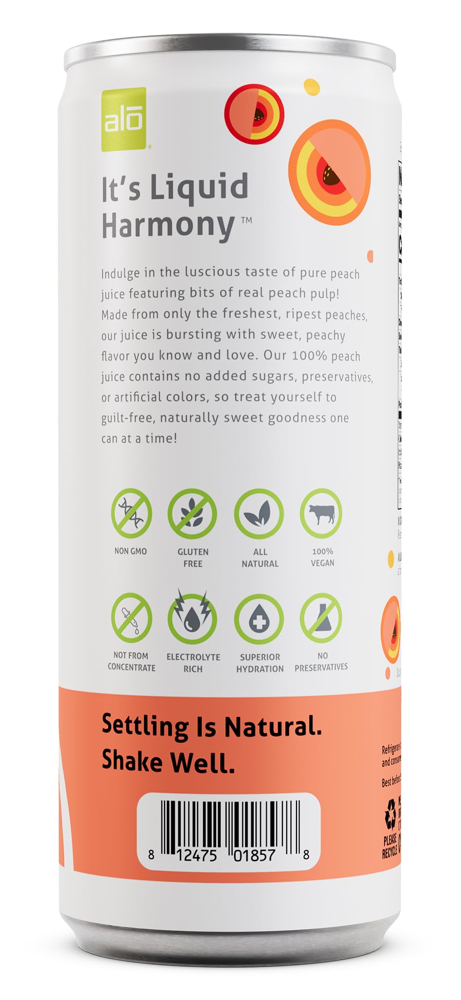 ALO Slim Can Juice, Peach Flavor, 10.82 fl oz, Pack of 12 - 100% Natural Plant-Based Beverage