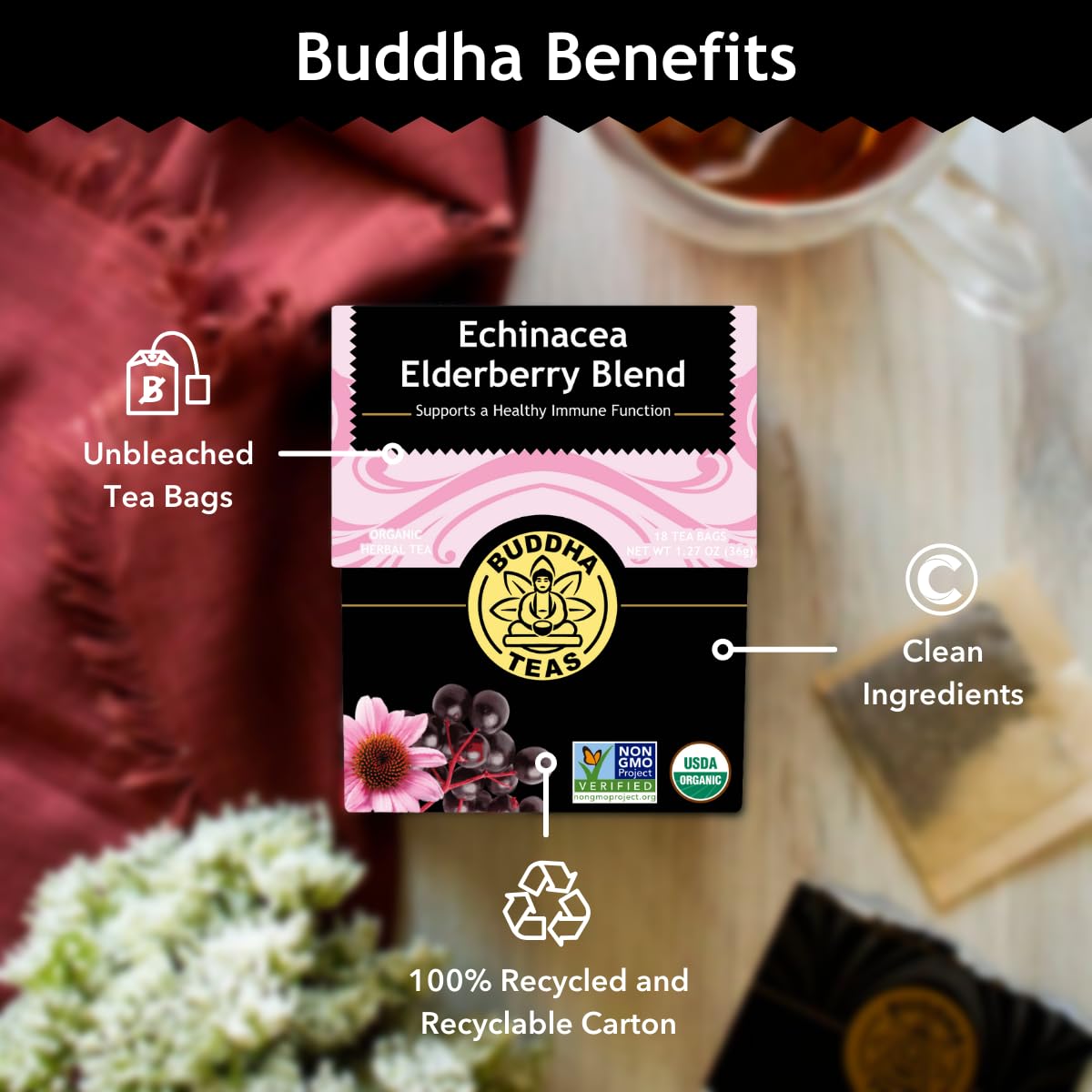 Buddha Teas Organic Echinacea Elderberry Herbal Tea - 18 Count, OU Kosher, Non-GMO, Caffeine-Free