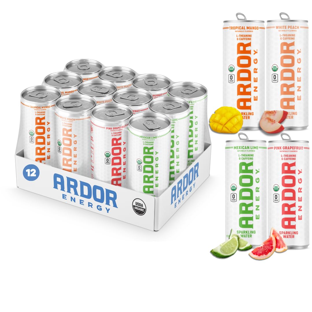 ARDOR ENERGY Sparkling Water, Tropical Variety, 12 Pack, 12 Ounce, Vegan, Gluten Free, 100mg Organic Caffeine, 200mg L-Theanine