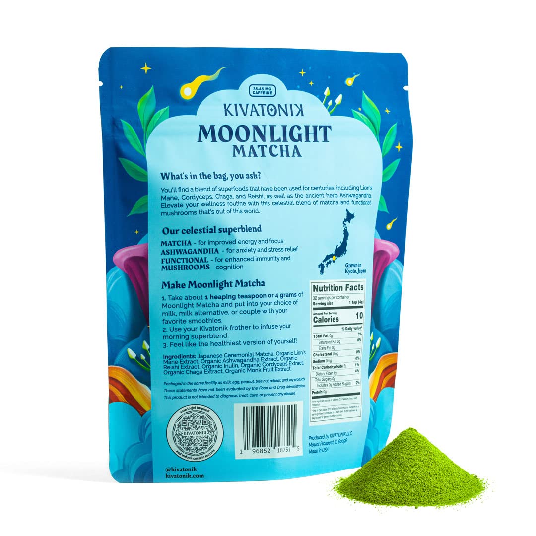 KIVATONIK Moonlight Matcha - Ceremonial Matcha with Organic Functional Mushrooms and Adaptogens - Lions Mane, Cordyceps, Chaga,