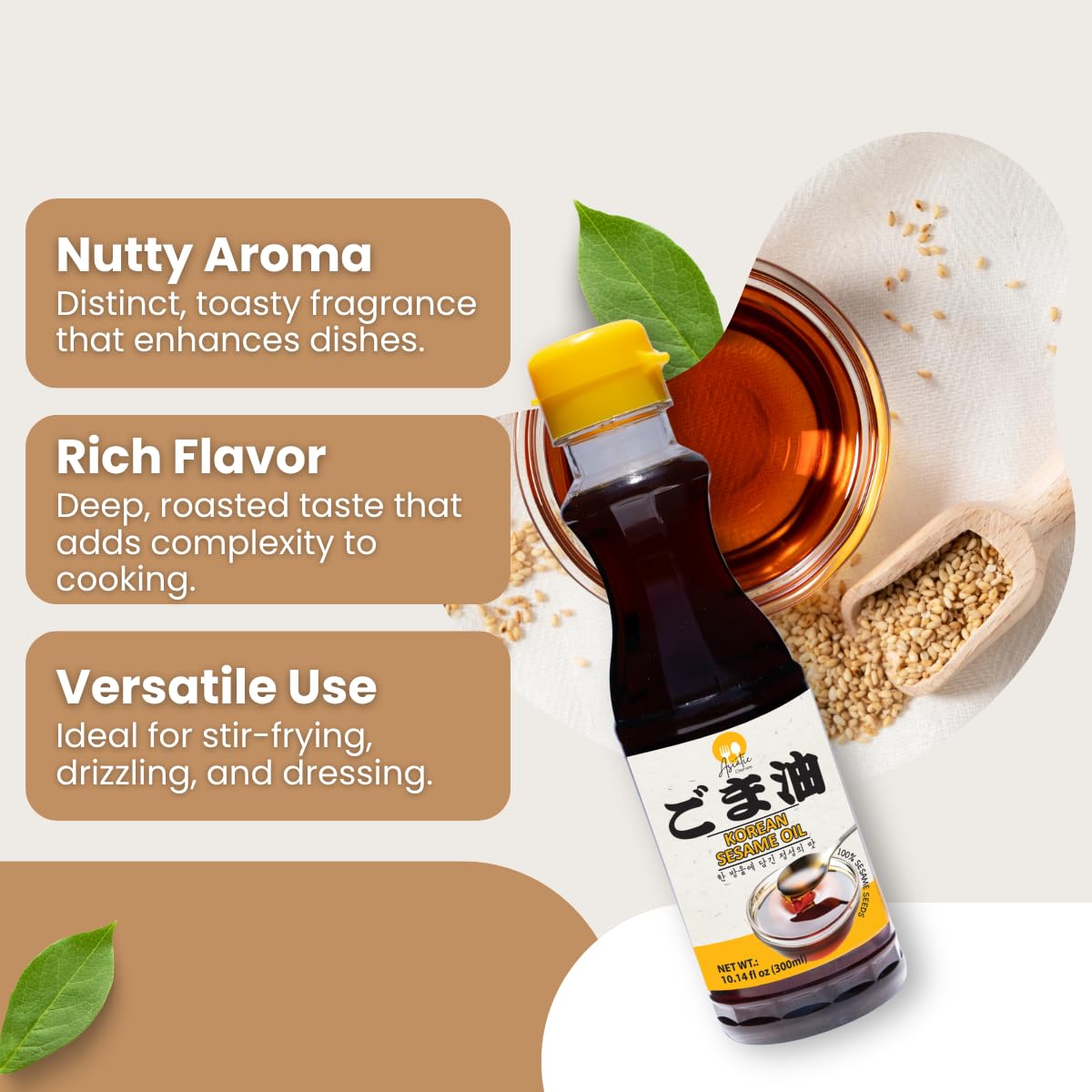 Korean Pure Sesame oil 10.14 fl oz, 100% Roasted Sesame Seed Oil with Rich Nutty Flavor, Made in Korea, Authentic Toasted Season