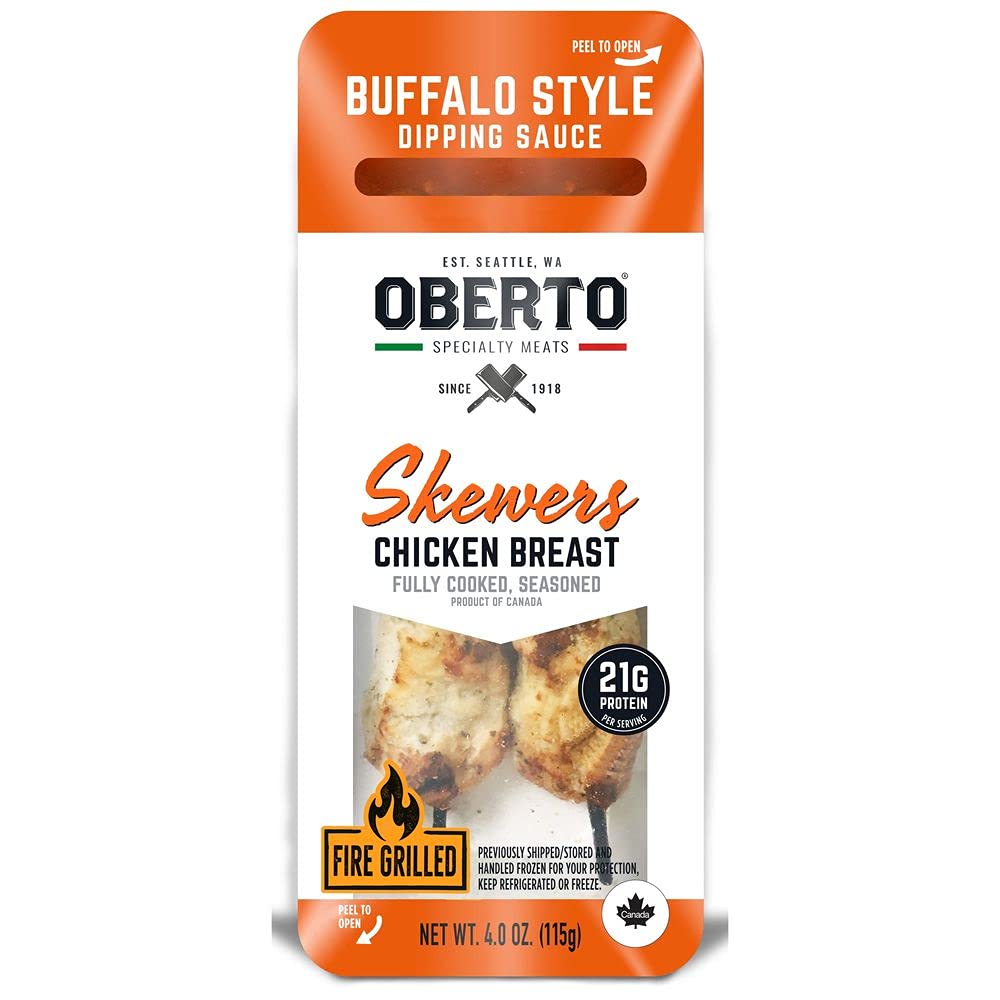 Oberto Fully Cooked Seasoned Buffalo Chicken Skewers, 4 Ounce -- 30 per case.