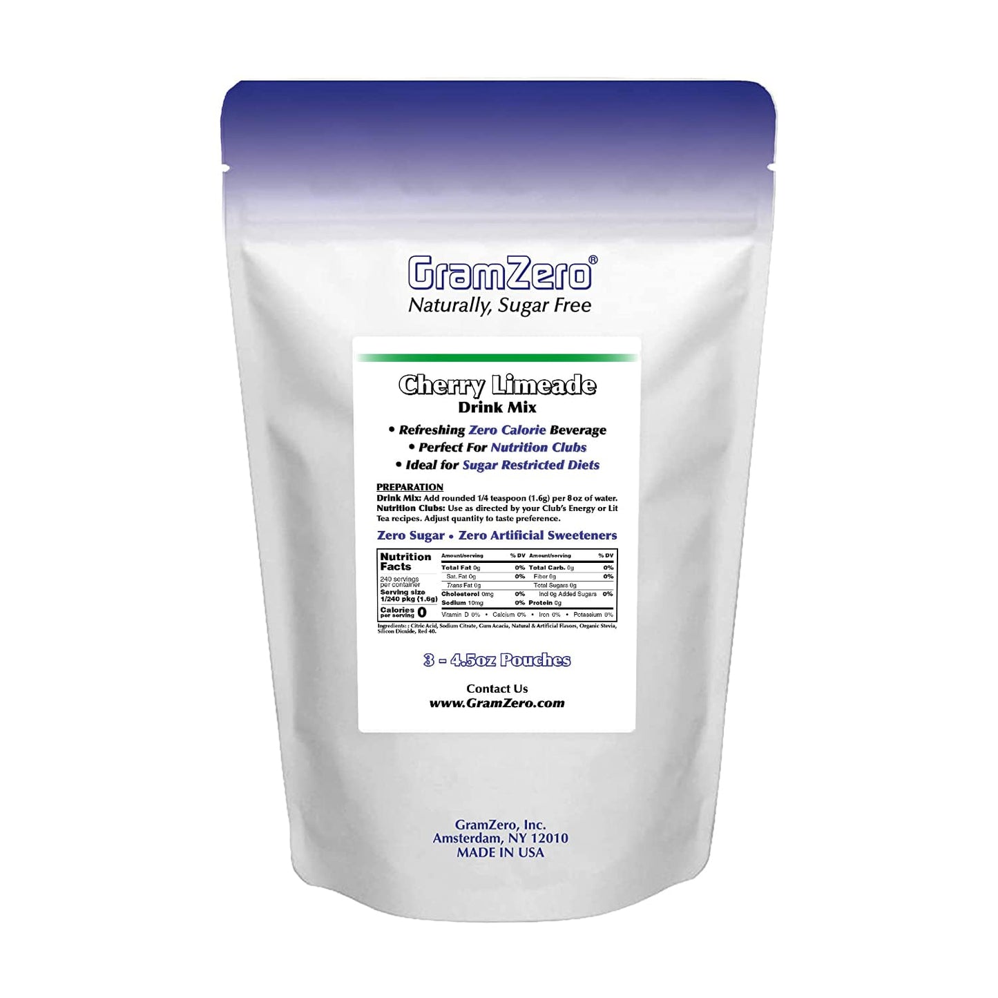 Gramzero Cherry Limeade Zero Calorie Sugar Free Drink Mix, Great For Nutrition Club Loaded Teas, Stevia Sweetened