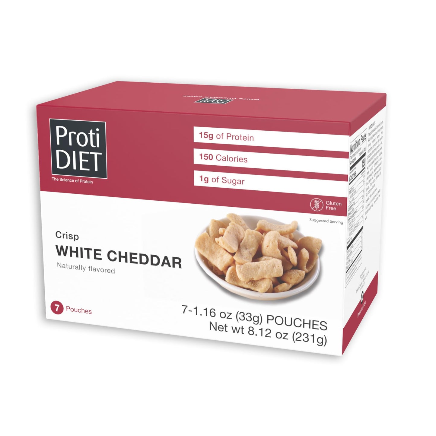 Protidiet High Protein White Cheddar Crisps - Gluten Free Low Sugar With Fiber - Healthy Snacks For 18+ Uses - Crispy Treats For Guilt-Free Snacking - 7 Pouch Protein Snacks
