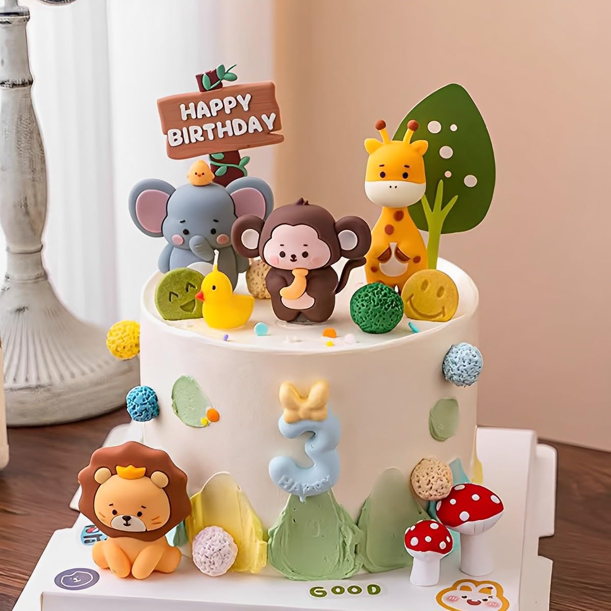 LXASIY Jungle Safari Animal Cake Toppers - 10 Pcs, Paper, Elephant Giraffe Lion Monkey, Glittery Tropical Leaves, Safari Theme