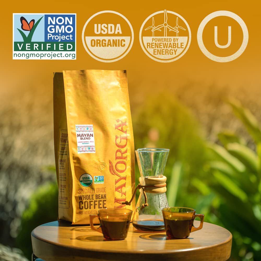 Mayorga Organic Coffee 5lb Mayan Blend - Medium Roast Whole Bean Coffee Specialty Grade, 100% Arabica, Slow Roasted, Chocolate a