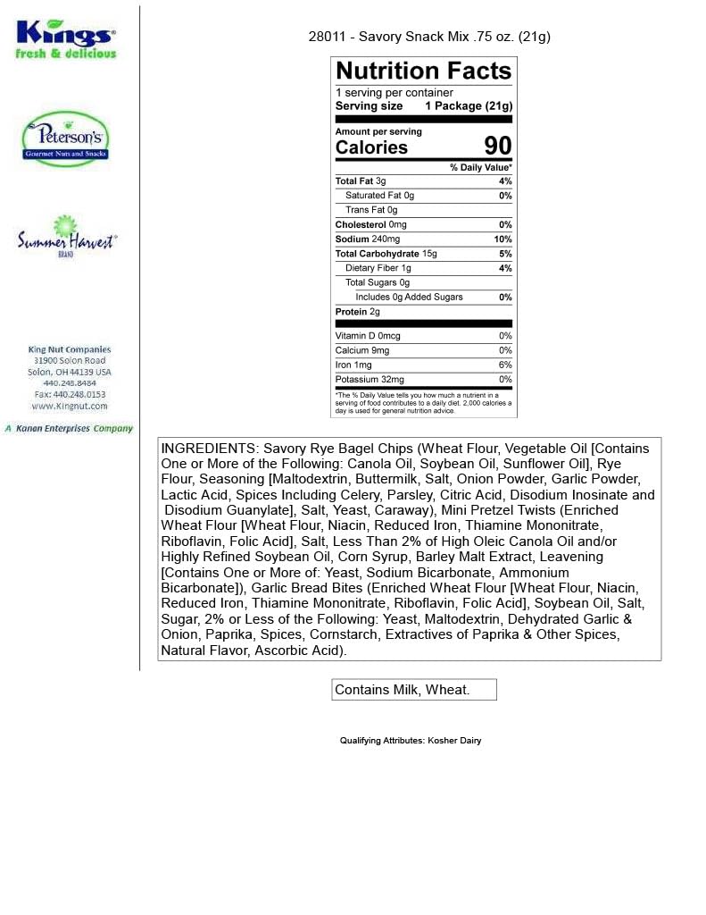 Summer Harvest Savory Snack Mix - .75oz/100 Bags - Pretzels, Garlic Bread Bites and Seasoned Rye Bagel Chips Individually wrappe