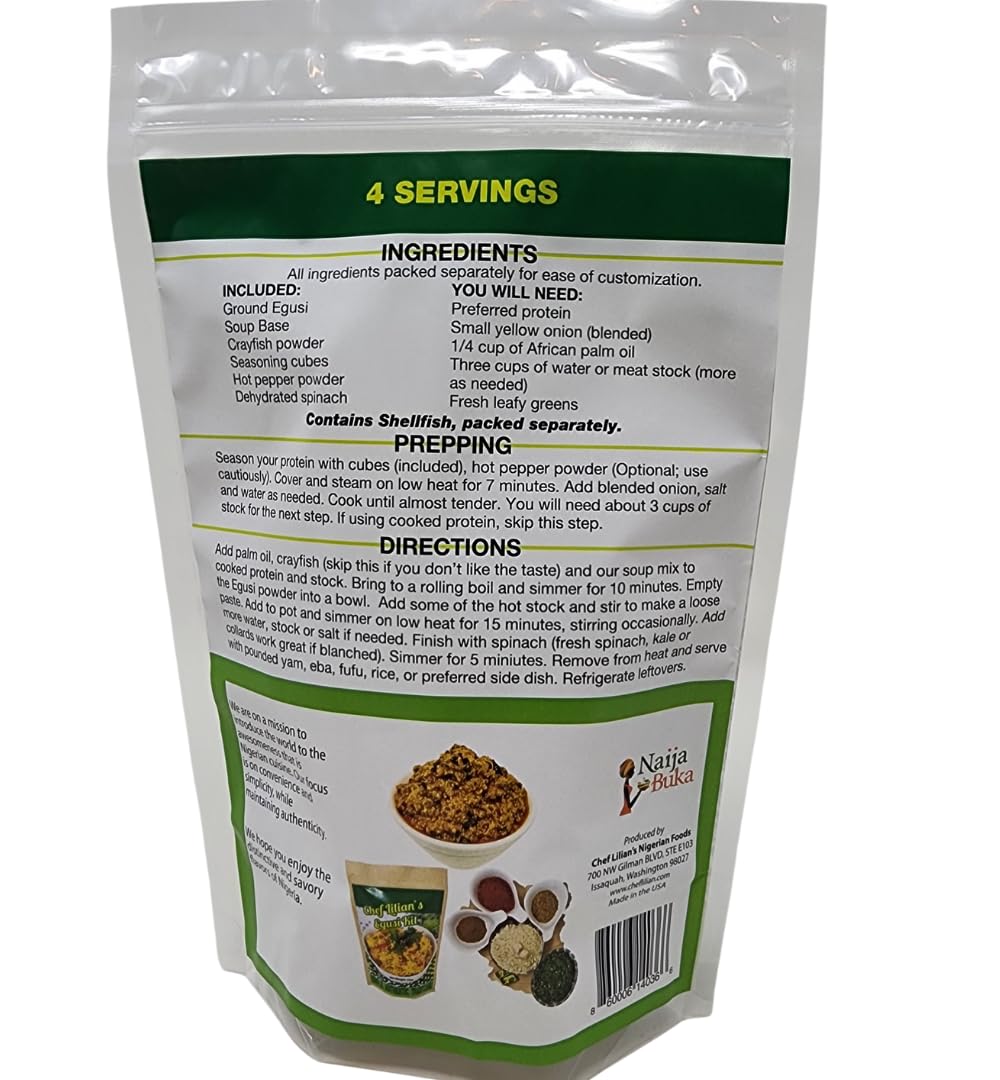 Chef Lilians Egusi Kit- Nigerian West African Food Kit with Ground Melon Seeds (Egusi), Dehydrated Spinach, Seasoning Cubes, Ho