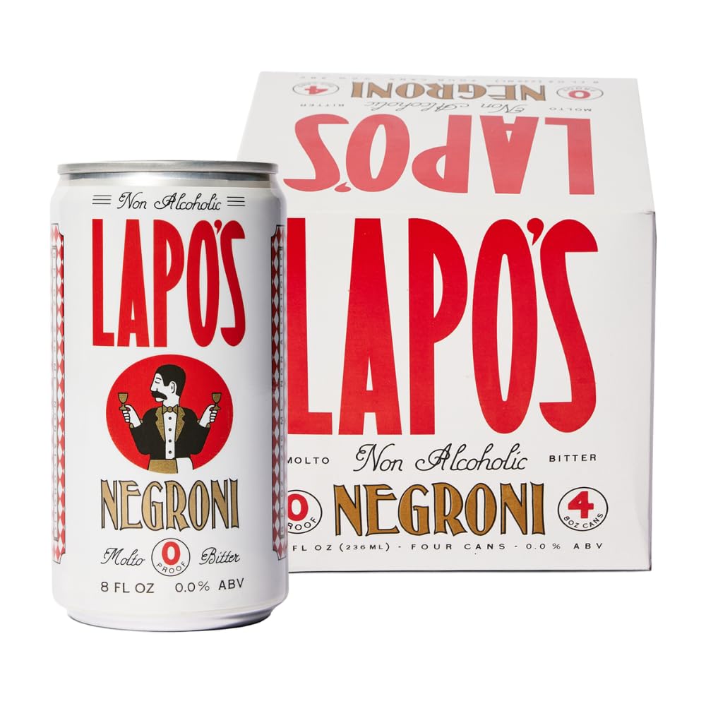 Lapos Non-Alcoholic Negroni, Gluten-Free Mocktail, Lightly Sparkling, 4 Pack Cans, Alcohol Alternative, Model 0860010374429