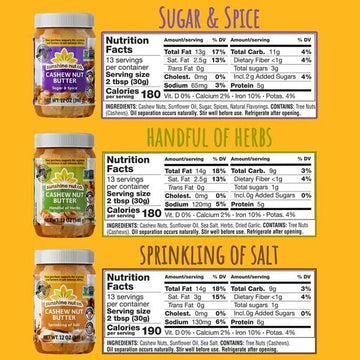 Sunshine Nut Co. Gourmet Cashew Butter Trio (Salt, Herbs, Sugar & Spice) - Creamy Natural Nut Butter, Ethically Sourced, Vegan,