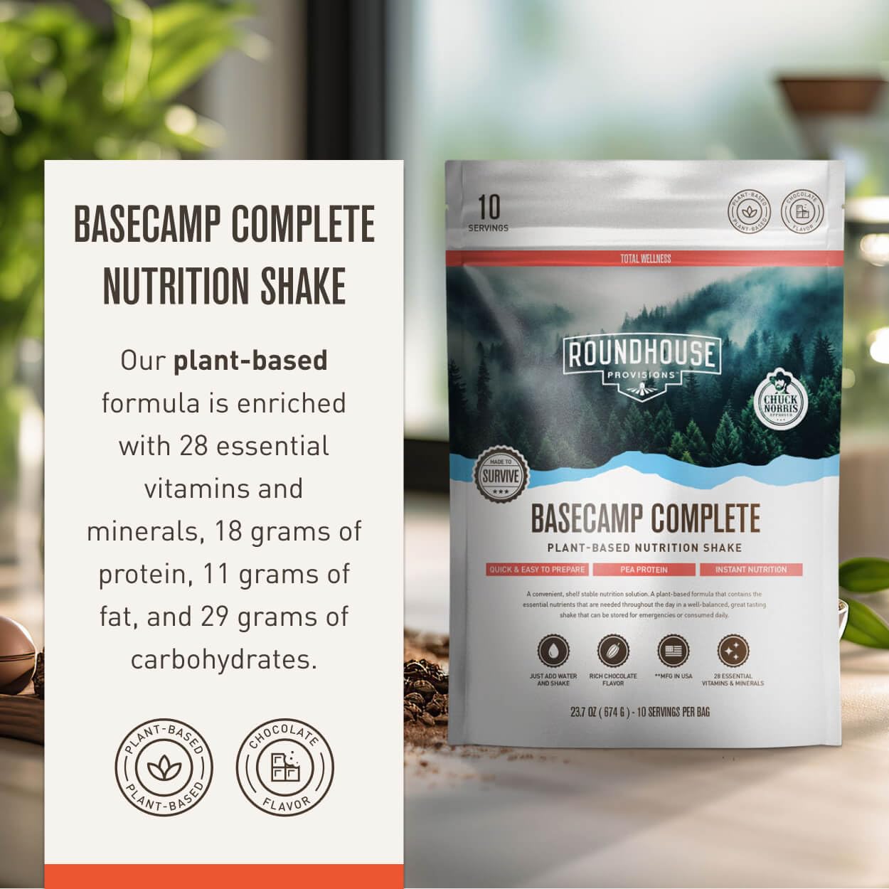 Basecamp Complete Nutrition Shake: Disaster Prepper Plant Based Formula for Emergencies, 18g of Protein & 28 Essential Vitamins