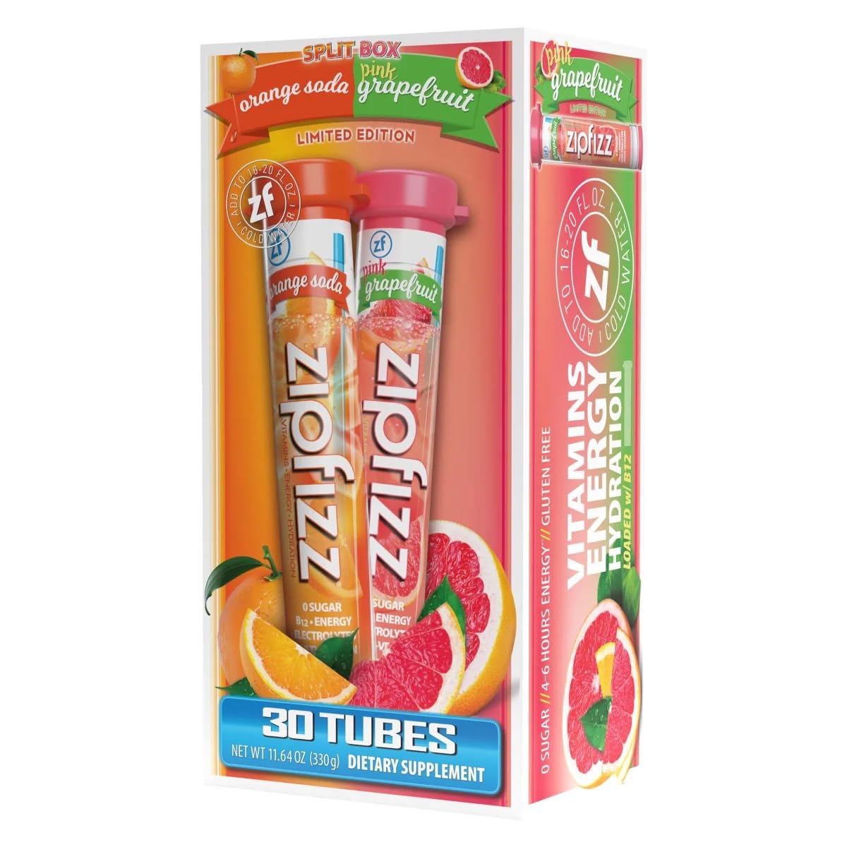 Zipfizz Healthy Energy Drink Mix, Hydration with B12 & Multi Vitamins, Limited Edition Orange Soda & Pink Grapefruit, 30 Tubes (330g)