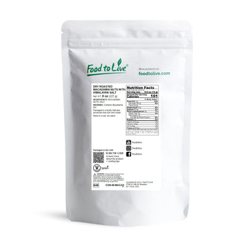 Food To Live Dry Roasted Macadamia Nuts With Himalayan Salt, 8 Ounces - Oven Roasted Whole Nuts, Lightly Salted, No Oil Added, V