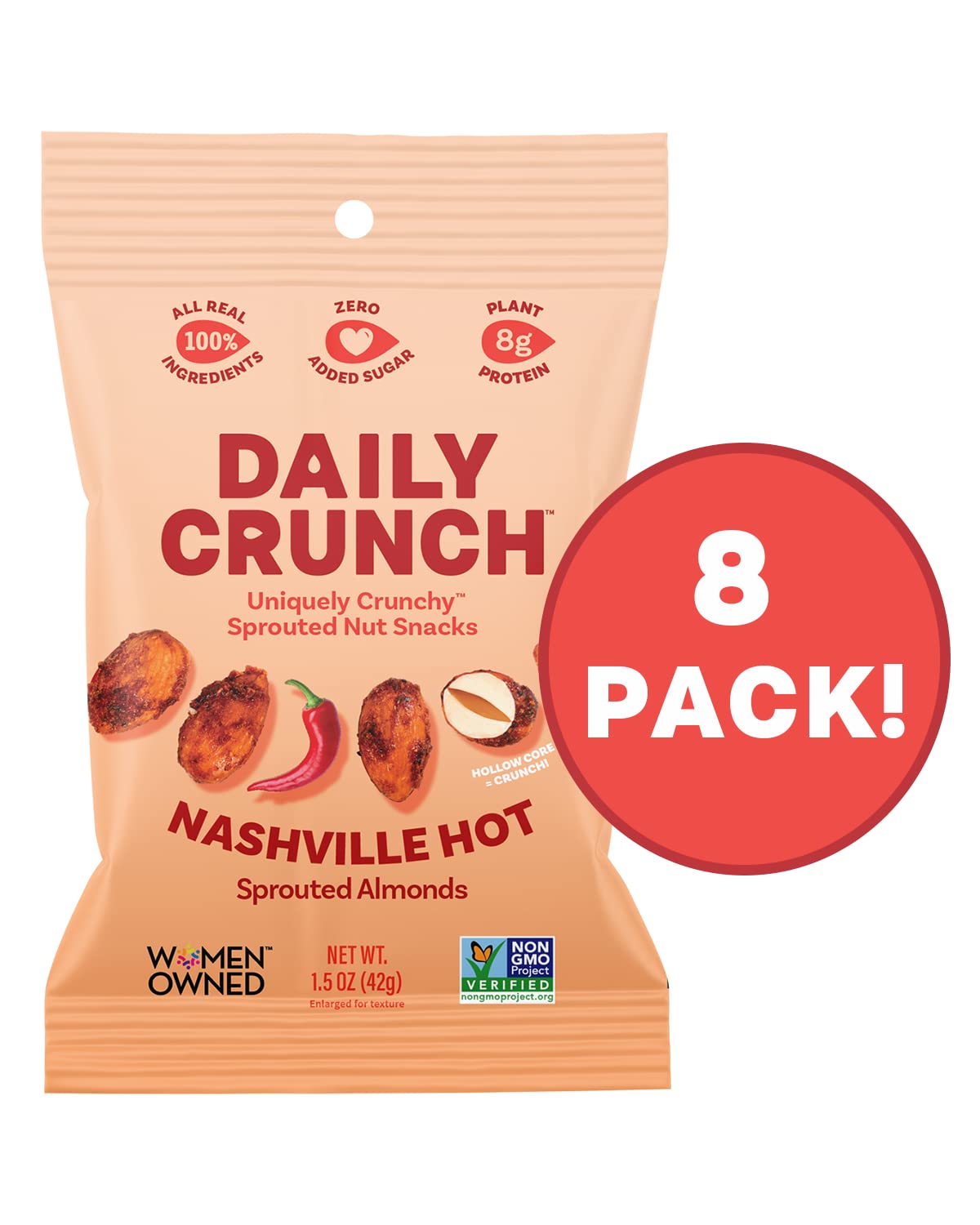 Daily Crunch, Nashville Hot Sprouted Almonds, Minis (1.5Oz, Pack Of 8) - Sprouted And Dehydrated For A Unique Crunch, Keto Frien