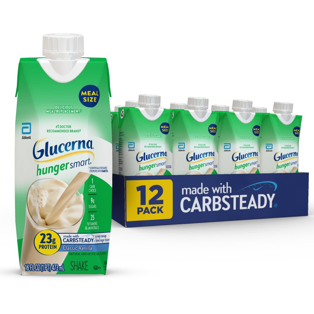 Glucerna Meal Size Shake, 23g Protein, 250 Calories, Classic Vanilla, 16 Fl Oz (Pack of 12), Model 67067