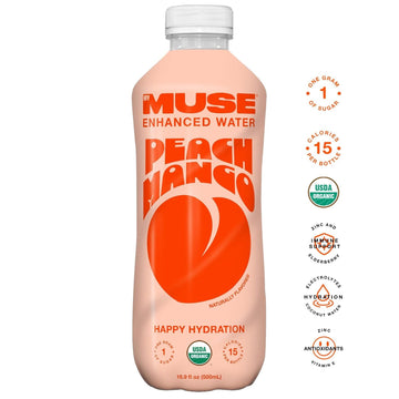 MyMuse Organic Enhanced Flavored Water, Peach Mango, 16.9oz Bottle (12 Pack), Zero Sugar Added, With Zinc, Vitamin A, C & E, Eld
