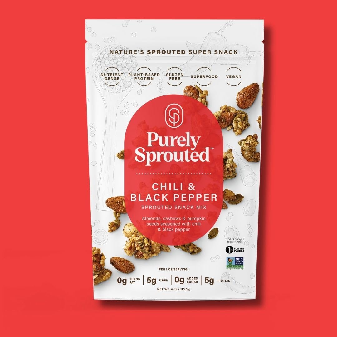 Purely Sprouted Chili & Black Pepper Snack Mix: Vegan, Gluten-Free, And Non-Gmo Blend For A Healthy Crunch! (4 Oz, 6 Pack)