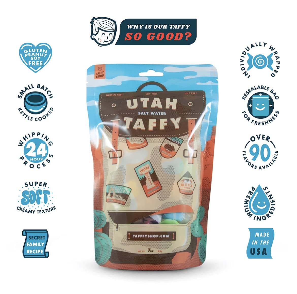 Taffy Shop Utah National Parks Water Taffy - Small Batch Salt Water Taffies Made In The Usa - Super Soft, Sweet, Taffy Candy - Guaranteed Fresh - Gluten-Free, Soy-Free, Peanut-Free - Personal (7Oz)
